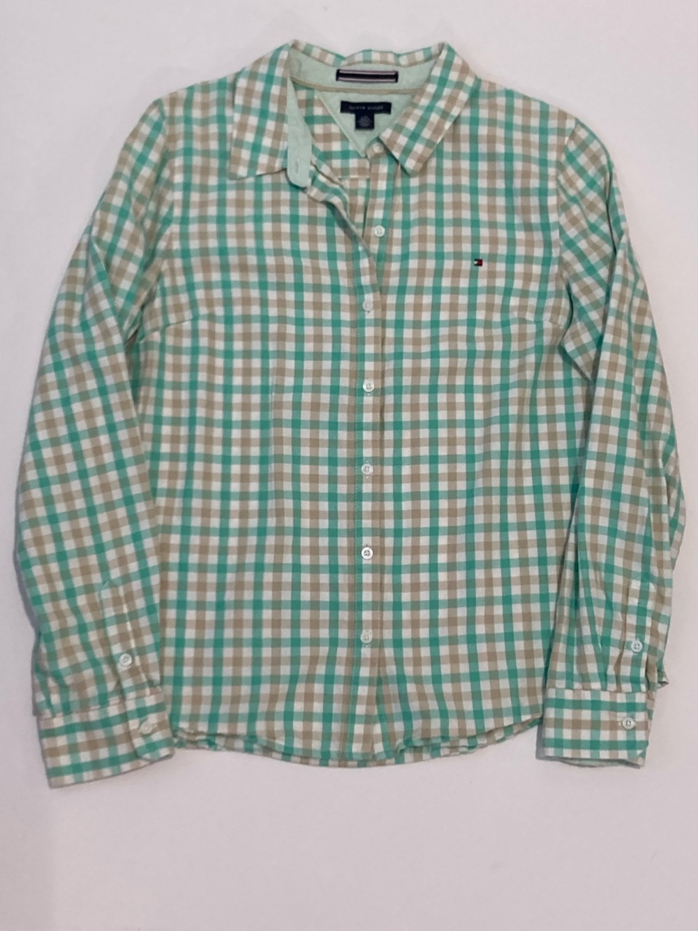 Tommy Hilfiger Light Green Plaid Button Down Shirt Women’s Large 100% Cotton